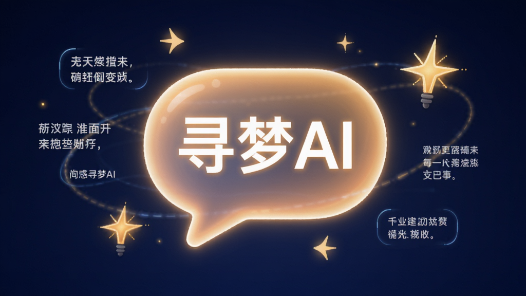 画面主体为一个发光的AI对话气泡,气泡内显示“寻梦AI”字样,气泡周围环绕着文字片段与灵感火花图标,布局采用居中对称式,风格偏向科技感与温暖感结合,细节上气泡有柔和光晕,背景为深蓝色渐变,画质高清干净,无多余元素