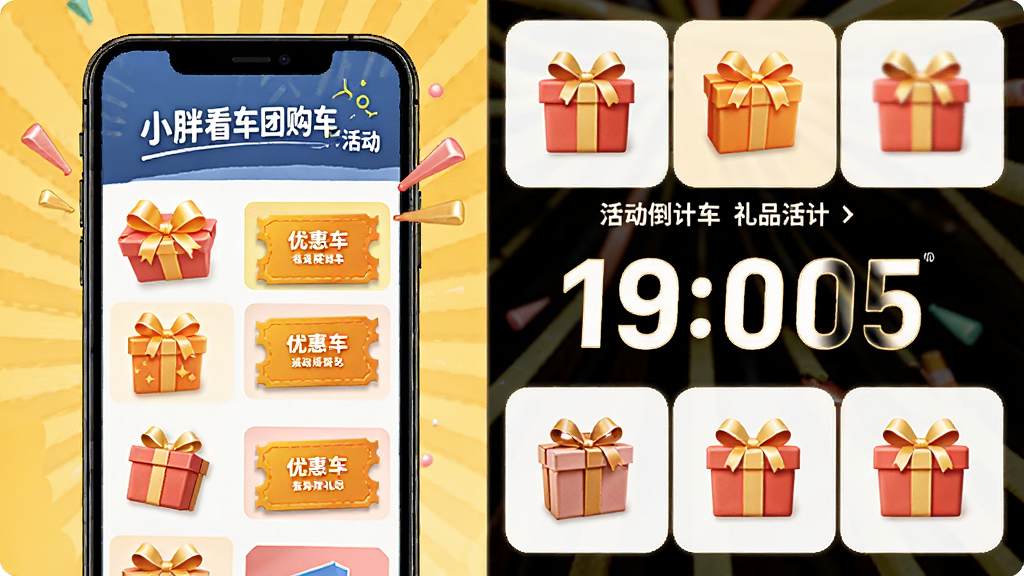 小胖看车团购车礼品活动页面,主体为手机屏幕显示礼品图标和活动倒计时,布局为网格状排列,风格为活泼促销风格,细节包括礼品盒、优惠券和倒计时数字,画质高清,干净,无多余元素