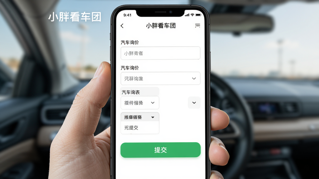 小胖看车团移动端操作界面截图,主体为手机屏幕显示汽车询价表单和提交按钮,布局为纵向表单排列,风格为清爽移动端UI,细节包括输入框、下拉菜单和绿色提交按钮,画质高清,干净,无多余元素