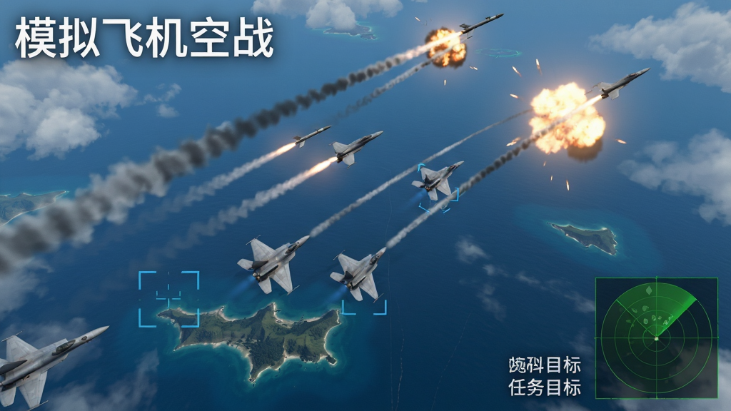 画面为俯视视角的空战场景,下方是蓝色海面与岛屿,上方有战斗机发射导弹的轨迹和爆炸火光,画面左上角白色文字“模拟飞机空战”,右下角显示任务目标与雷达小地图,风格为写实空战风格,细节包含云层、导弹尾烟和锁定框,画质清晰干净,无多余元素
