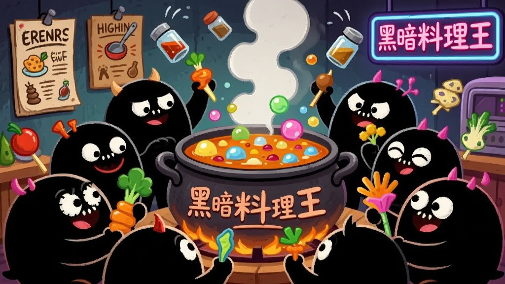 画面主体是一群圆滚滚的黑色小怪物围在冒着彩色气泡的汤锅旁,手里拿着各种奇怪食材,布局为中央大锅向外辐射,排版紧凑热闹,风格采用美式卡通手绘,细节包括墙上挂着的诡异菜谱、飞舞的调料瓶和闪烁的霓虹灯牌,画质高清,干净,无多余元素,画面中文字写着“黑暗料理王”