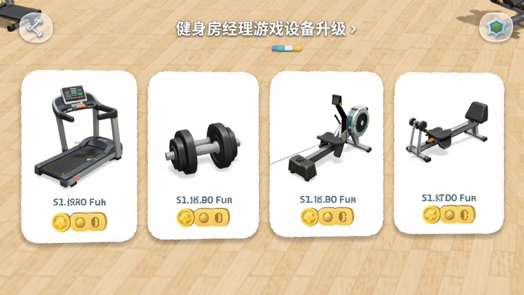 我的健身房经理游戏设备升级界面,画面展示一排可升级的健身器材图标,包括跑步机、哑铃、划船机等,每个器材旁标注当前等级和升级所需金币,背景为浅色健身房地板纹理,界面采用圆角卡片式布局,风格简洁清新,画质清晰干净