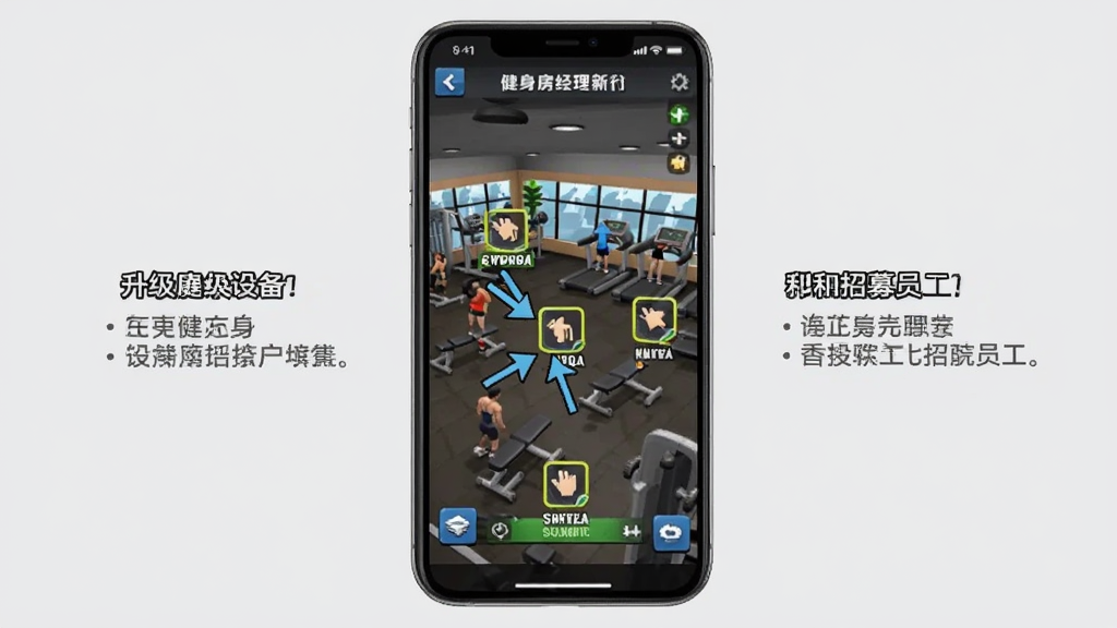 我的健身房经理新手操作界面截图,画面展示一部智能手机竖屏显示游戏画面,屏幕中健身房场景内有箭头标注点击位置,旁边有文字说明升级设备和招募员工的步骤,背景为浅灰色,整体风格简洁明快,画质清晰干净