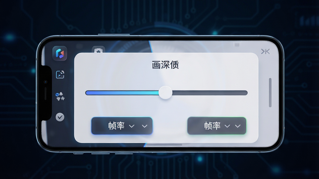 一张展示极清画质解锁器软件界面的图片,画面中央是手机屏幕,屏幕上显示软件主界面,包含画质调节滑块和帧率选择按钮,界面风格简洁现代,背景为深色科技感渐变,主体突出,布局居中,排版清晰,风格为3D渲染科技风,细节包括细腻的UI图标和发光边框,画质高清,干净,无多余元素