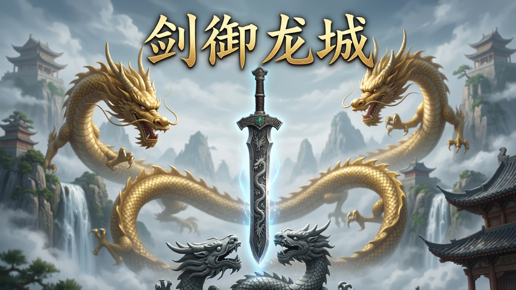 画面主体为一柄悬浮于龙形石雕上方的古剑,背景是云雾缭绕的东方仙山与盘旋的金色神龙,布局采用中心对称构图,古剑居中、神龙环绕四周,排版上游戏名称“剑御龙城”以金色楷体字悬浮于画面顶部,风格为东方玄幻写实CG,细节上剑身刻有龙纹、龙鳞闪烁微光、山间有瀑布与古建筑飞檐,画质为8K超高清、干净无多余元素、无噪点。