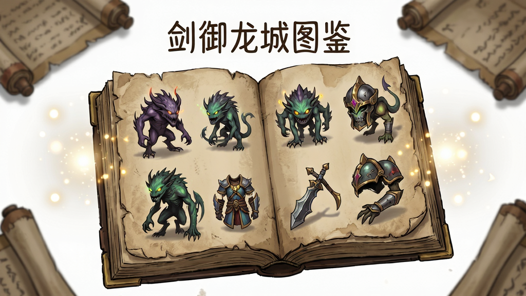 画面主体为一本展开的古老图鉴书册,书页上浮现出各种怪物与装备的彩色插画,布局上图鉴书册位于画面中央、左右两侧有光点汇聚,排版上书名“剑御龙城图鉴”以篆体字写在书页顶部,风格为奇幻复古手绘风格,细节包括书页边缘的磨损质感、插画中怪物眼神的微光、背景中散落的卷轴,画质为4K高清、干净、无多余元素。