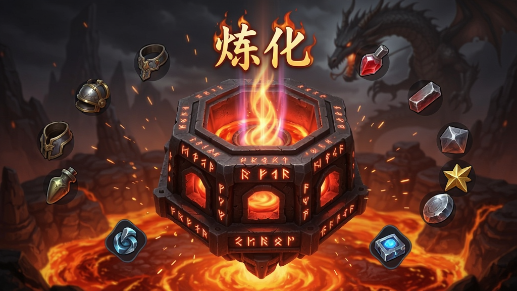 画面主体是一座悬浮于熔岩之上的八角炼化炉,炉身刻满符文并散发赤红光芒,布局上炼化炉位于画面中央偏下、周围漂浮着各种装备与材料图标,排版上炉口上方有“炼化”二字以火焰特效呈现,风格为玄幻写实游戏界面风格,细节包括飞溅的火星、炉内旋转的光柱、背景中隐约可见的龙影,画质为4K高清、干净、无多余元素。