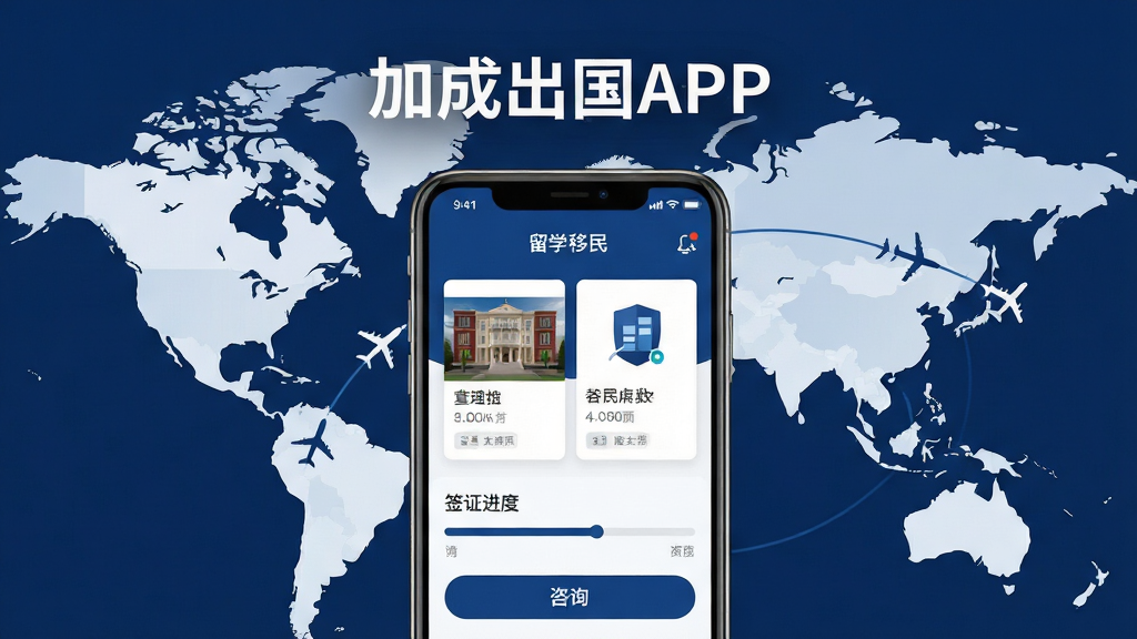 主体为一部智能手机,屏幕上显示加成出国APP的首页界面,包含留学与移民分类图标;布局为手机居中,背景为世界地图与飞机航线元素;排版简洁,上方留白放置软件名称文字;风格为现代扁平化科技风,色调以深蓝与白色为主;细节包括界面中的院校卡片、签证进度条、咨询按钮;画质清晰,干净,无多余元素