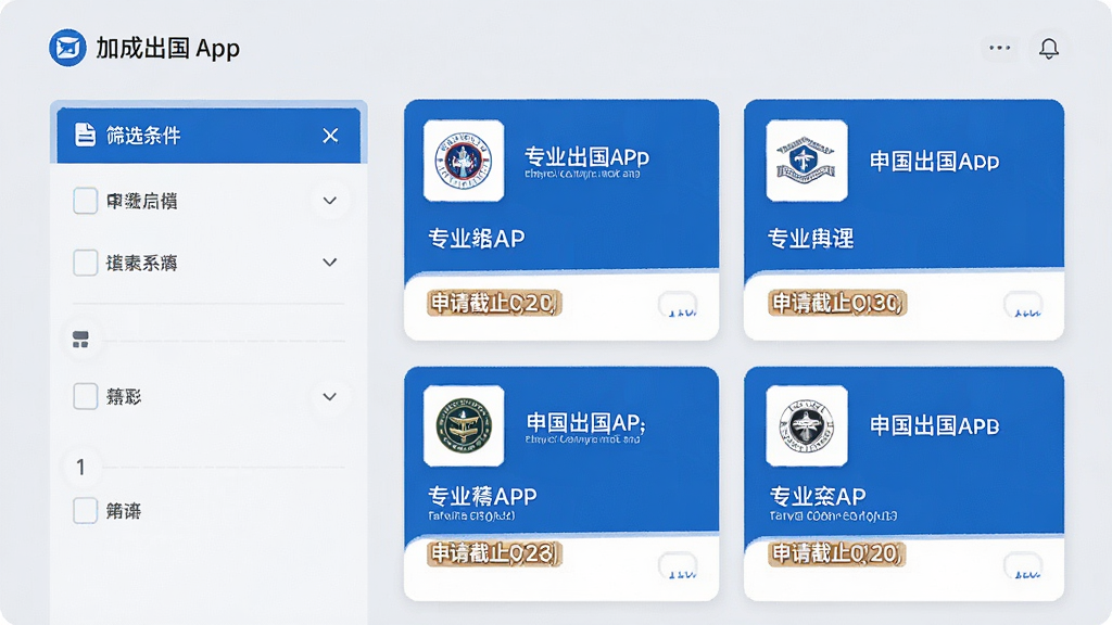 主体为加成出国APP的院校匹配界面,左侧为筛选条件栏,右侧为院校列表卡片;布局为左右分栏,背景为浅灰色;排版整齐,卡片式设计;风格为清爽商务风,主色调为蓝色与白色;细节包括院校logo位置、专业名称、申请截止日期标签;画质清晰,干净,无多余元素