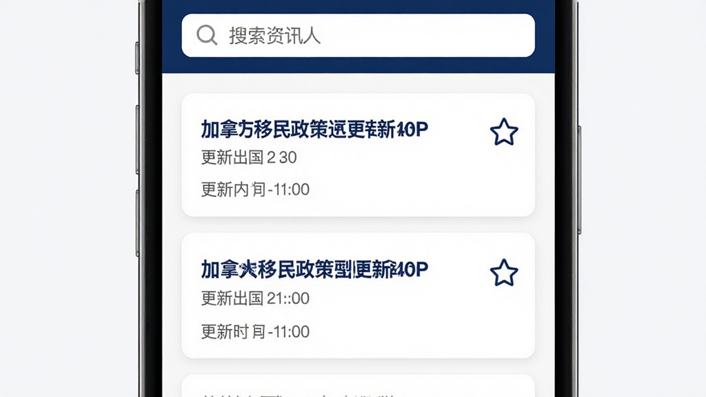 主体为加成出国APP的移民资讯页面,屏幕中显示加拿大移民政策更新列表;布局为上下结构,顶部为搜索栏,中部为资讯卡片;排版清晰,文字与图标搭配;风格为简约资讯风,色调以白色与深蓝为主;细节包括政策标题、更新时间、收藏图标;画质清晰,干净,无多余元素