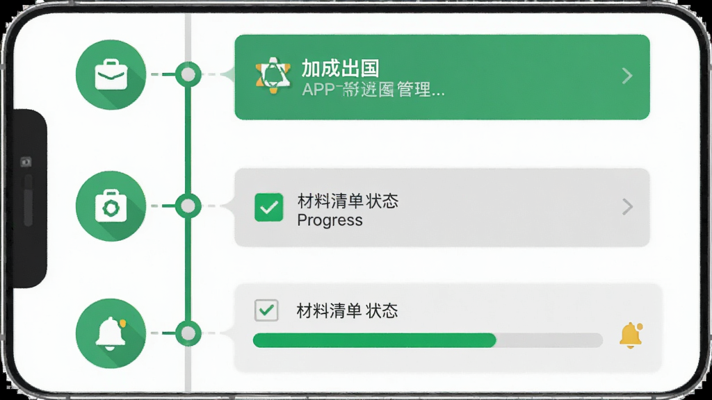 主体为加成出国APP的申请进度管理界面,屏幕中显示时间轴与进度条;布局为垂直时间轴,左侧为节点图标,右侧为状态说明;排版直观,色彩区分明显;风格为效率工具风,主色调为绿色与灰色;细节包括材料清单勾选框、提醒铃铛图标;画质清晰,干净,无多余元素