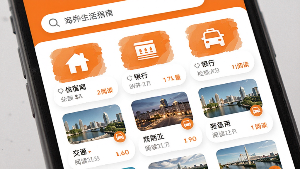 主体为加成出国APP的海外生活指南页面,屏幕中显示住宿、银行、交通等分类图标;布局为网格状图标排列,顶部为搜索栏;排版活泼,图标风格统一;风格为生活服务风,色调以橙色与白色为主;细节包括指南文章缩略图、阅读量标签;画质清晰,干净,无多余元素
