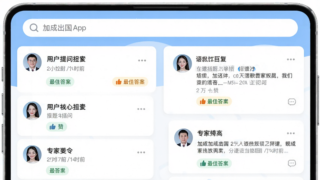 主体为加成出国APP的问答社区界面,屏幕中显示用户提问与专家回复列表;布局为上下结构,顶部为搜索框,中部为问答卡片;排版清晰,文字与头像搭配;风格为社区交流风,色调以浅蓝与白色为主;细节包括提问时间、点赞数、最佳答案标签;画质清晰,干净,无多余元素