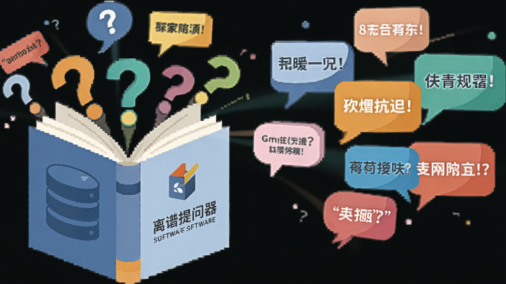 主体是一个打开的书本形状的数据库图标,从书本中飞出各种彩色问号和对话框,布局采用左右对称结构,左侧是书本右侧是飞出的问题气泡,排版横向展开,风格为清新扁平矢量图,细节包括气泡中隐约可见的搞笑文字和书本封面的软件标志,画质干净清晰,无多余元素,画面中带文字“离谱提问器”。