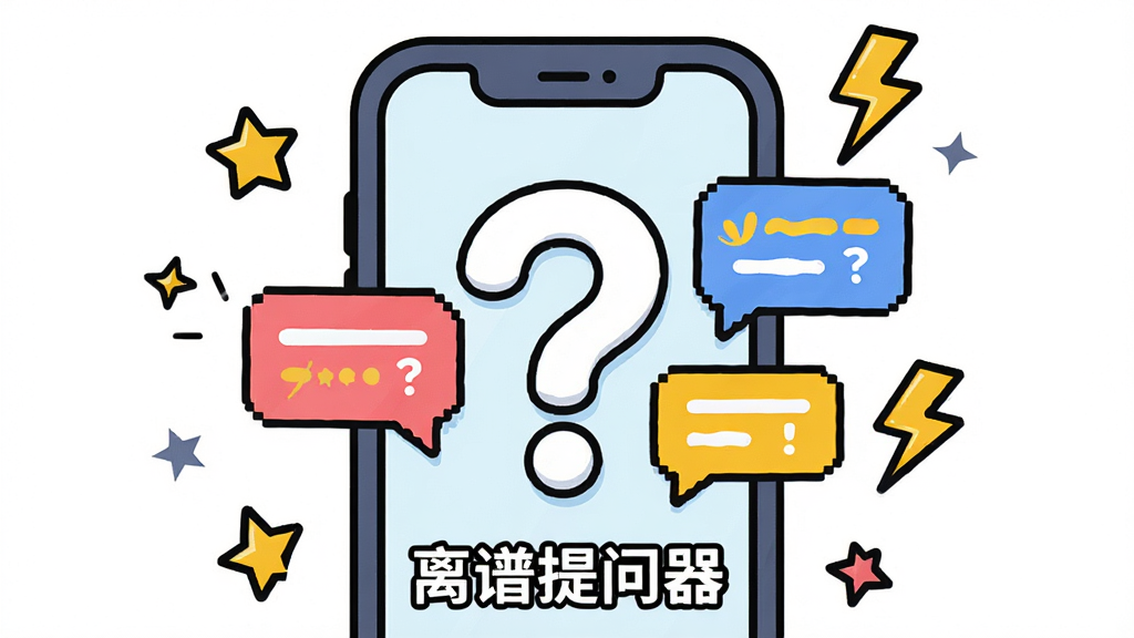 主体为一个卡通风格的手机屏幕,屏幕上显示着一个夸张的问号图标和彩色气泡对话框,布局采用居中构图,手机周围散落着星星和闪电符号,排版简洁明快,风格为扁平化卡通插画,细节包括手机边缘的圆角处理和气泡中的抽象文字,画质清晰明亮,干净无多余元素,画面中带文字“离谱提问器”。