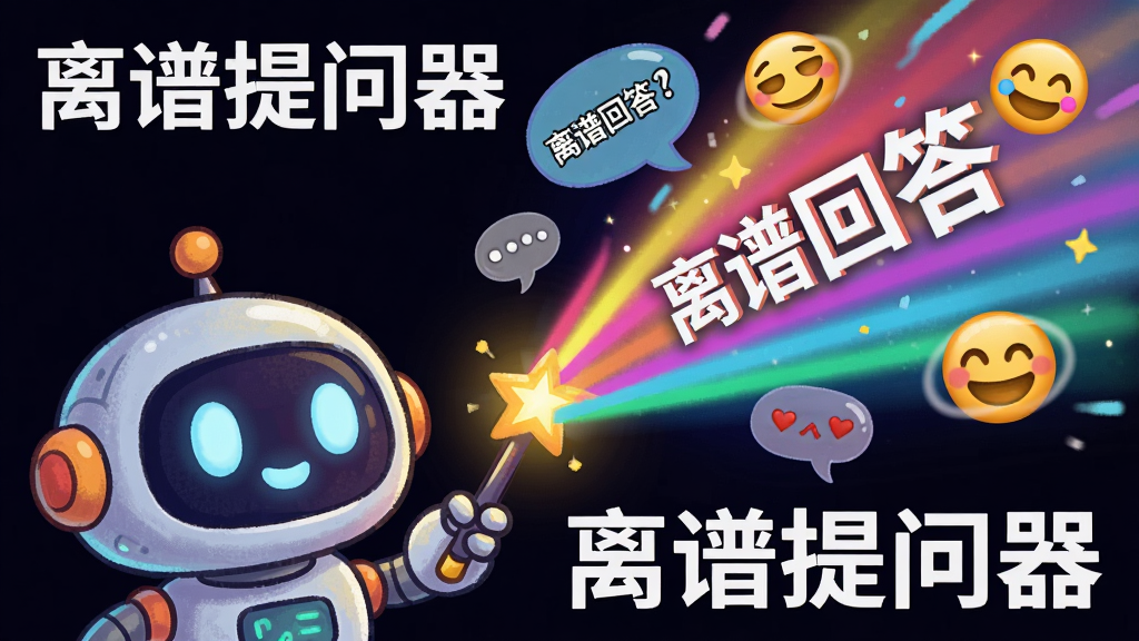 主体是一个卡通机器人手持魔法棒,魔法棒顶端射出彩色光线,光线中夹杂着文字气泡和表情符号,布局采用对角线构图,机器人位于左下角光线向右上角发散,排版富有动感,风格为科技卡通风格,细节包括机器人圆润的造型和光线中的“离谱回答”字样,画质鲜艳清晰,无多余元素,画面中带文字“离谱提问器”。