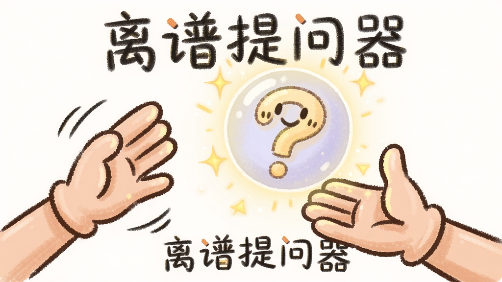 主体是两只卡通手正在传递一个发光的问号球,球的表面有笑脸图案,布局采用左右互动构图,左侧手抛出右侧手接住,排版简洁聚焦,风格为轻松手绘风,细节包括手部动作的动感线条和球体周围的闪光效果,画质柔和清晰,无多余元素,画面中带文字“离谱提问器”。