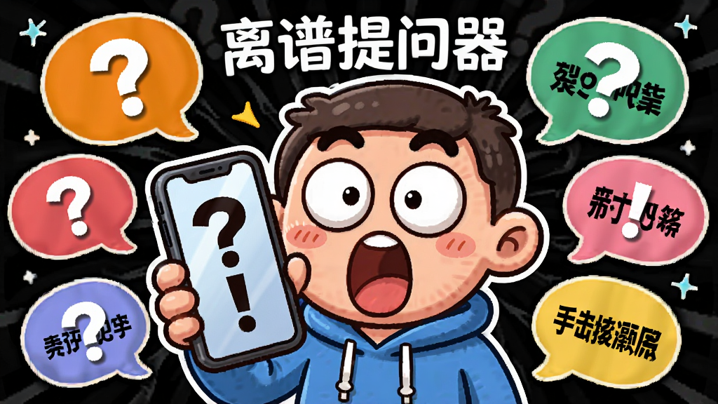 主体是一个卡通人物拿着手机,手机屏幕上显示着问号和感叹号,人物表情夸张惊讶,布局采用居中构图,人物位于画面中央,周围环绕着各种问题气泡,排版活泼有趣,风格为夸张卡通风格,细节包括人物的表情细节和气泡中的搞笑文字,画质明亮清晰,无多余元素,画面中带文字“离谱提问器”。