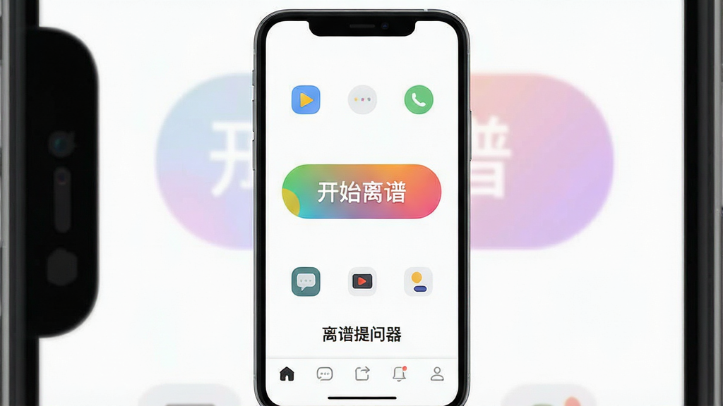主体是一个干净的手机界面示意图,界面中央只有一个大号彩色按钮和几个简洁图标,布局采用居中对称排版,风格为极简扁平化设计,细节包括按钮上的“开始离谱”文字和界面底部的导航栏,画质清爽干净,无多余元素,画面中带文字“离谱提问器”。