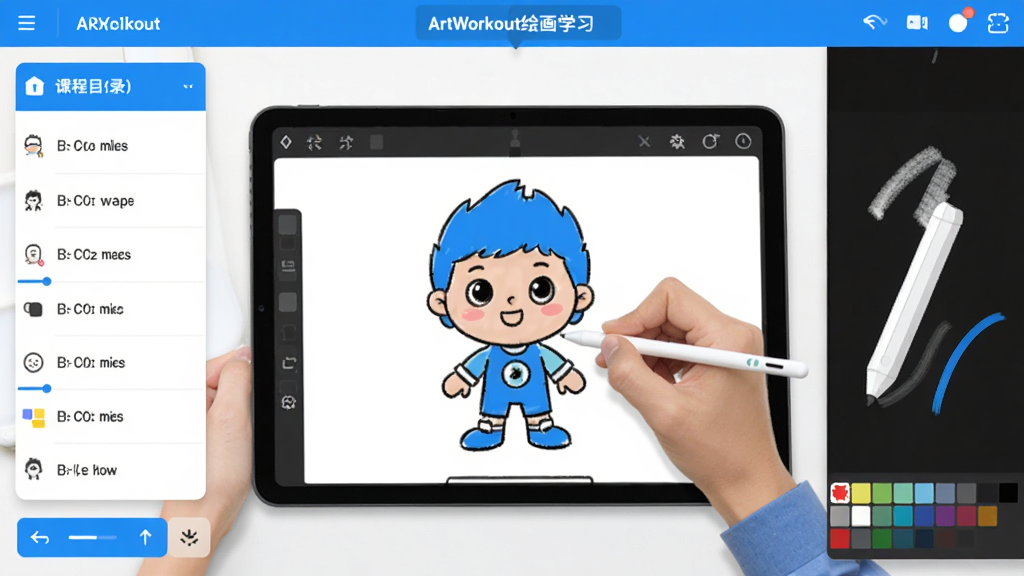 ArtWorkout绘画学习软件主界面展示,画面中央是手持触控笔在平板上跟随步骤绘制卡通角色的场景,左侧是课程目录列表,右侧是笔触轨迹提示,整体布局清晰,采用明快的蓝白配色,扁平化UI风格,细节包含进度条、撤销按钮和颜色选择器,画质干净清晰,无多余元素
