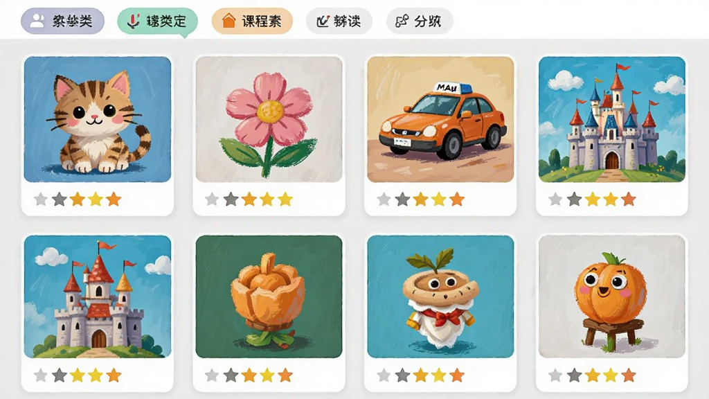 ArtWorkout课程素材库界面,画面以网格形式展示多种绘画题材的缩略图,包括小猫、花朵、汽车、城堡等,每个缩略图下方标注难度星级,顶部有分类筛选标签,整体采用卡片式布局,浅灰色背景搭配彩色图标,风格活泼明快,画质干净,无多余元素