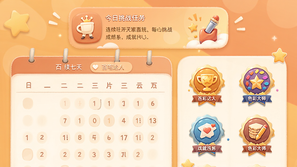 ArtWorkout每日挑战与成就系统界面,画面展示一个日历打卡视图和多个成就徽章图标,徽章包括“连续七天”“百笔达人”“色彩大师”等,顶部有今日挑战任务卡片,整体采用暖色调,圆角卡片设计,风格激励向上,画质清晰,无多余元素