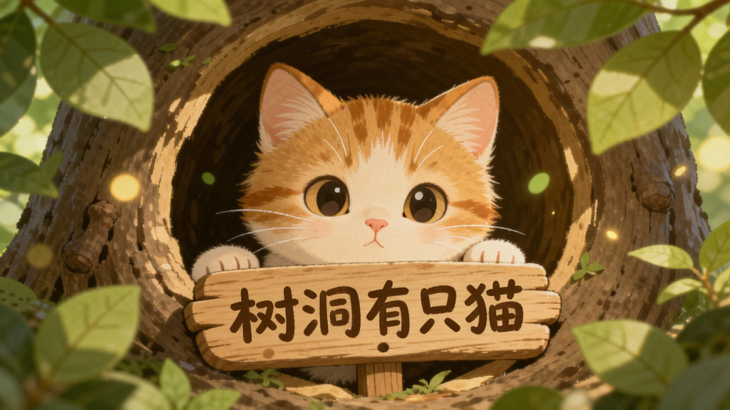 一只橘白色小猫从温暖树洞中探出头来,周围环绕着绿色树叶和柔和光斑,画面中央用木质标牌写着“树洞有只猫”,整体采用治愈系插画风格,色彩温暖柔和,细节丰富,画质清晰干净,无多余元素