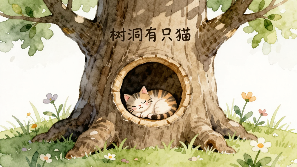 一棵粗壮的老树树干上有一个圆形树洞,一只小猫蜷缩在树洞中睡觉,树周围有草地和小花,画面采用柔和的水彩插画风格,标注“树洞有只猫”文字,画质细腻干净,无多余元素
