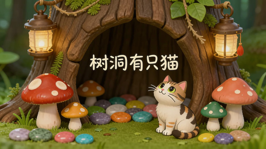 一个装饰精美的树洞场景,树洞周围摆放着小蘑菇、灯笼和彩色石子,一只小猫坐在树洞前抬头张望,画面中央写着“树洞有只猫”,采用清新卡通风,色彩明亮,画质干净,无多余元素