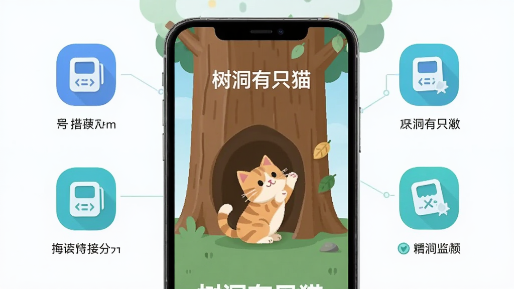 一部智能手机屏幕上显示“树洞有只猫”应用界面,界面中有一只小猫在树洞前玩耍,手机周围有安装步骤图标和提示文字,采用扁平化科技风格,画面整洁清晰,无多余元素