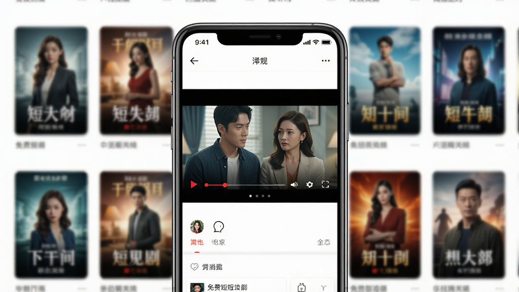 免费全看短剧全集 手机应用主界面预览图,画面中央展示一部正在播放的短剧,周围环绕多部短剧封面缩略图,整体布局清晰,风格简洁明亮,细节丰富,画质高清,干净无多余元素