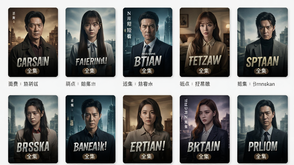 免费全看短剧全集 应用内全集短剧列表页面,画面展示多部短剧海报整齐排列,每部剧集下方标注全集字样,布局规整,风格现代简约,细节清晰,画质高清,干净无多余元素