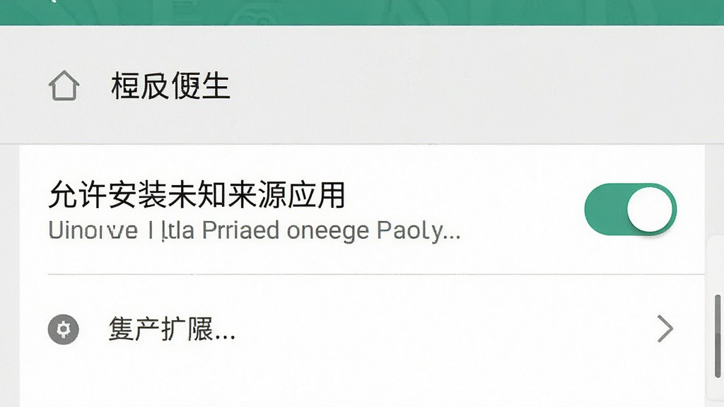 免费全看短剧全集 手机安装权限设置界面示意图,画面展示安卓手机设置菜单中“允许安装未知来源应用”的开关选项,布局清晰,风格简洁,细节明确,画质高清,干净无多余元素