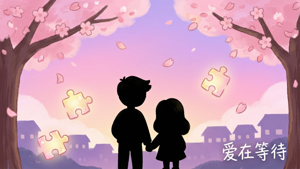 一幅温馨治愈的手机游戏场景插画,画面中央是一对卡通情侣剪影站在飘落着花瓣的樱花树下,周围散落着几块发光的拼图碎片,背景是柔和的粉紫色渐变天空与远处的小镇轮廓,画面右下角有一行白色小字写着“爱在等待”,整体风格清新唯美,手绘质感,色彩柔和明亮,画质清晰,干净无多余元素