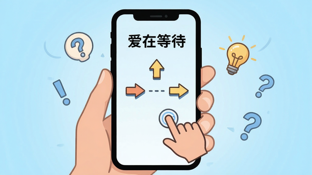 一张展示“爱在等待”游戏新手引导界面的插画,画面中一只手拿着手机,手机屏幕上显示游戏操作提示箭头和手指点击图标,周围有问号和灯泡符号,背景为浅蓝色渐变,风格简洁明快,画质清晰,干净无多余元素