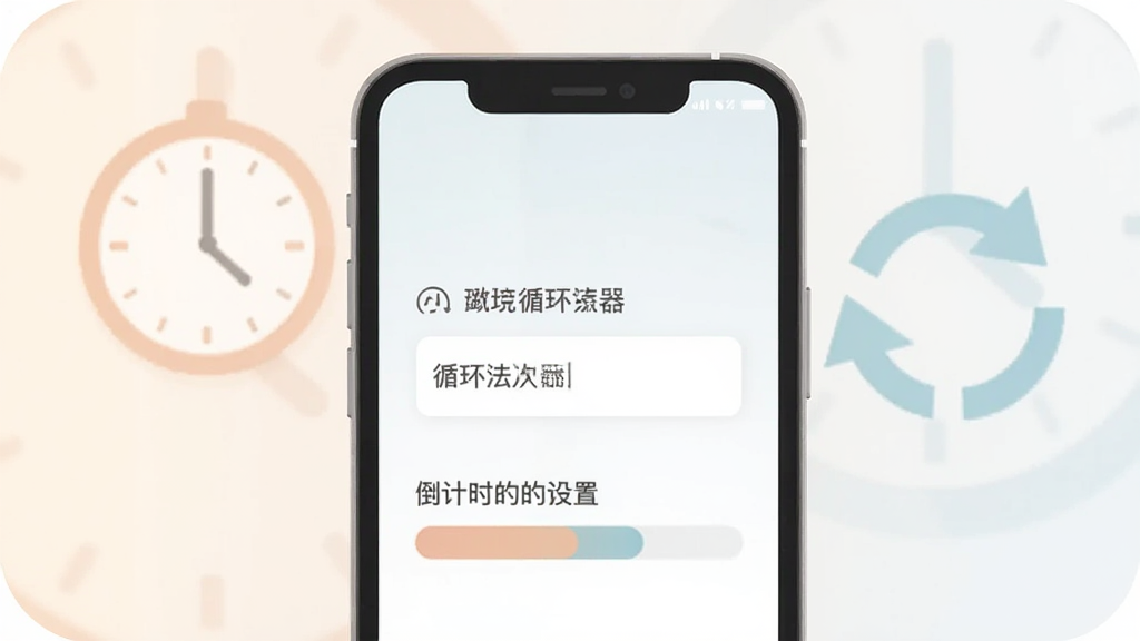 小璐连点器循环设置界面示意图,手机屏幕上显示循环次数输入框和倒计时进度条,背景有钟表和循环箭头图标,整体风格扁平化设计,色调柔和,画面干净整洁