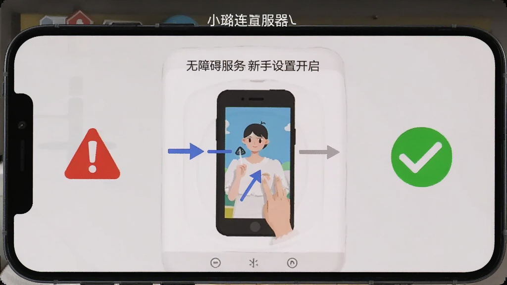 小璐连点器新手设置引导界面手机截图,画面中手机屏幕显示无障碍服务开启步骤示意图,有箭头指示操作路径,旁边有红色警告图标和绿色对勾图标,背景为浅灰色,风格简洁明了,画质清晰