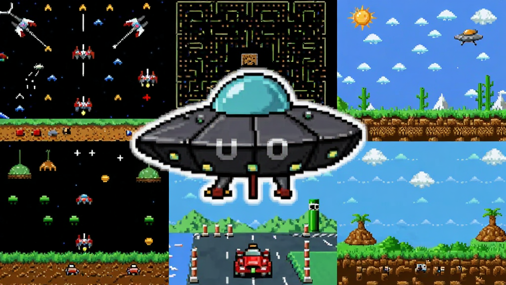 一张UFO 50游戏合集的宣传图,画面中展示多款不同游戏的像素画面拼接在一起,包括太空射击、迷宫冒险、赛车等场景,整体风格统一为80年代复古像素风,色彩鲜艳,细节丰富,画质清晰,干净无多余元素