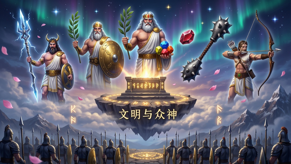 一张描绘文明与众神众神召唤场景的奇幻插画,画面中央是一座悬浮在云端的祭坛,祭坛周围环绕着五尊不同神话体系的神明虚影,分别手持雷电长矛、橄榄枝盾牌、五色石、狼牙棒与弓箭,祭坛下方是排列整齐的士兵方阵,天空中有极光与星辰闪烁,画面风格为史诗奇幻CG风,色彩以紫金与深蓝为主,细节包括飘落的花瓣、发光的符文与远处的雪山,画质清晰干净,无多余元素,画面中带有文字“文明与众神”