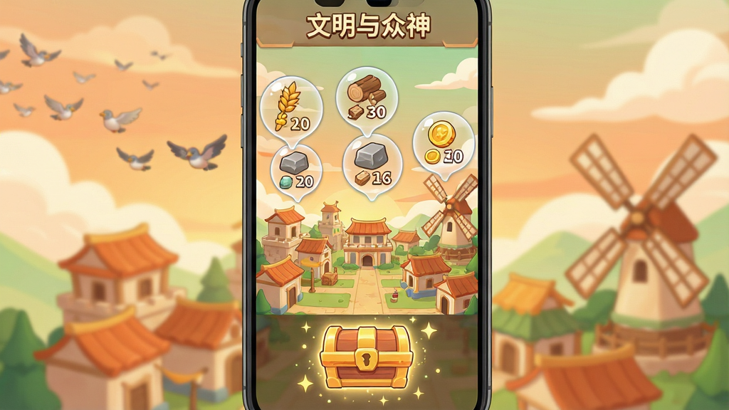 一张展示文明与众神离线收益界面的插画,画面以手机屏幕竖屏为构图,屏幕中显示一座繁荣的古代城市,城市上方漂浮着几个资源气泡,分别标注粮食、木材、石料与金币的图标和数字,屏幕底部有一个发光的宝箱按钮,周围有星光粒子效果,背景是柔和的黄昏天空,风格为清新卡通渲染,色彩以暖橙与浅绿为主,细节包括飞过的鸟群、转动的风车与飘动的云朵,画质清晰干净,无多余元素,画面中带有文字“文明与众神”