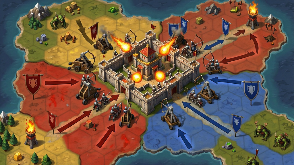 一张表现文明与众神联盟争霸场景的战争插画,画面以俯视视角展现一片广阔的大陆地图,地图上分布着不同颜色的联盟领土区块,中央有一座雄伟的王城正在被多支军队围攻,攻城车与投石机向城墙发射火球,城墙上有弓箭手还击,地图边缘可以看到资源点与野怪营地,画面风格为策略游戏沙盘风,色彩以红蓝阵营色与土黄地形为主,细节包括行军路线箭头、联盟旗帜与燃烧的烽火台,画质清晰干净,无多余元素
