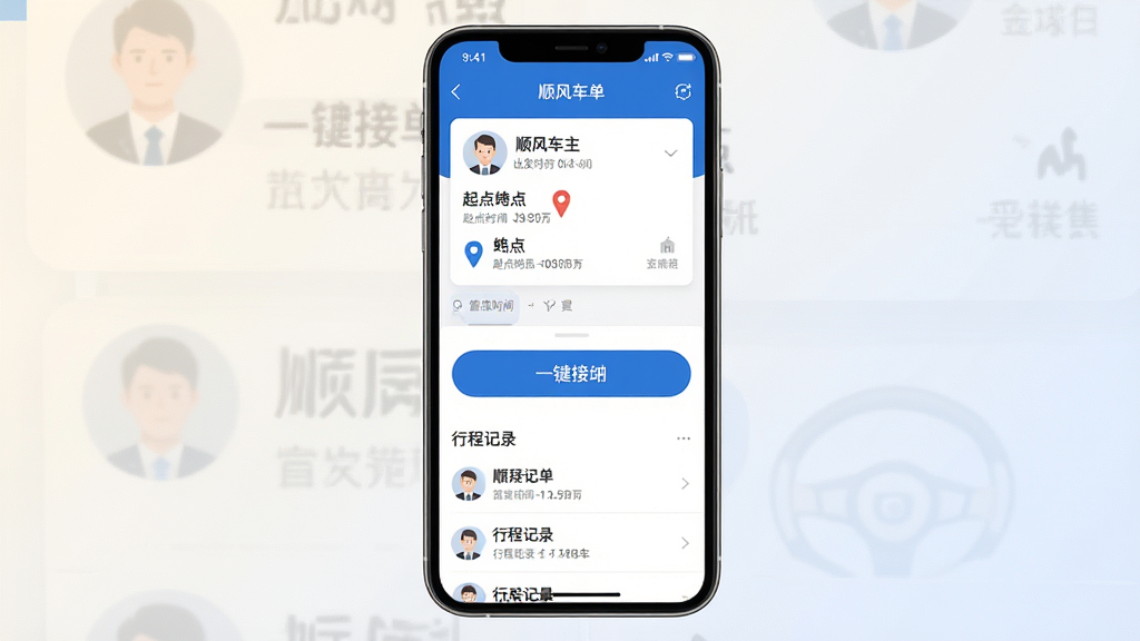 一张展示顺风车主打车一键接单与行程管理界面的手机截图,画面中央是手机竖屏,屏幕上半部分显示订单详情卡片,包含乘客头像、出发时间、起点终点信息,下半部分显示一键接单大按钮和行程记录列表,界面以蓝白配色为主,风格简洁商务,背景为浅色渐变,画质高清,无多余元素