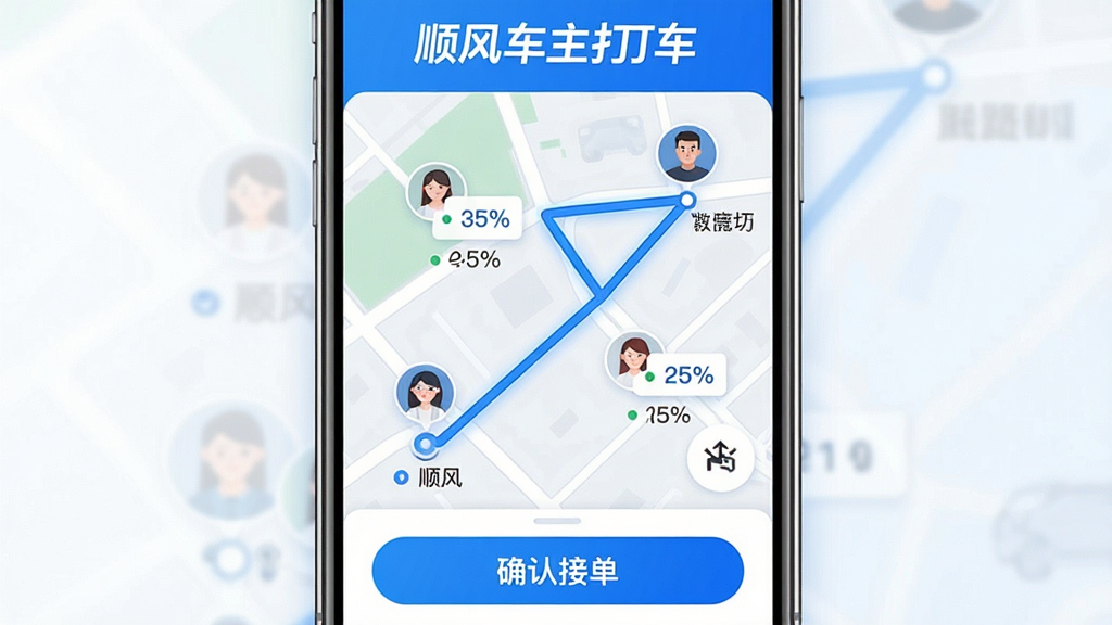 一张展示顺风车主打车智能匹配功能的界面图,画面中央是手机屏幕,屏幕内显示地图上一条蓝色路线连接起点与终点,路线两侧分布着多个乘客头像图标,每个图标旁标注顺路百分比,界面底部有确认接单按钮,整体风格科技感十足,蓝白色调,背景干净,画质清晰,无多余元素,画面中带有文字
