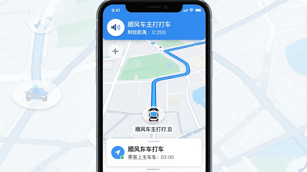 一张展示顺风车主打车实时导航功能的界面图,画面中央是手机屏幕显示导航地图,地图上有蓝色导航路线和车辆图标,屏幕上方有语音播报图标和剩余距离提示,屏幕下方有乘客上车点信息卡片,整体风格清晰直观,蓝白色调,背景干净整洁,画质高清,无多余元素,画面中带有文字