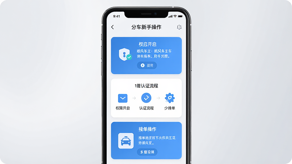 一张展示顺风车主打车新手操作引导界面的手机截图,画面中央是手机竖屏,屏幕内显示分步引导卡片,包含权限开启提示、认证流程步骤、接单操作图示,界面风格友好清新,以蓝白色为主,背景为浅灰渐变,画质高清,无多余元素