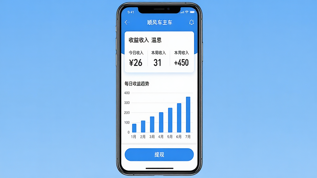 一张展示顺风车主打车收益统计与提现界面的手机截图,画面中央是手机竖屏,屏幕内显示收益汇总卡片,包含今日收入、本周收入、本月收入数字,下方有柱状图展示每日收益趋势,底部有提现按钮,界面风格简洁明快,蓝白配色,背景为纯色,画质高清,无多余元素