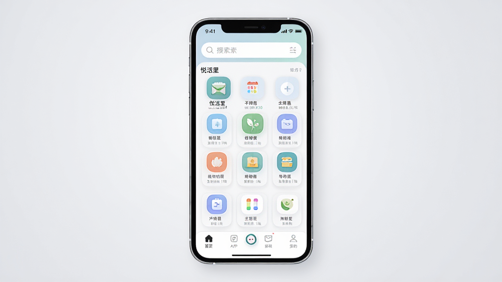 一张展示悦活里APP主界面的手机样机图,主体为一部竖直放置的智能手机,屏幕内显示悦活里应用首页,布局包括顶部搜索框、中部功能图标区、底部导航栏,排版简洁清晰,风格为现代扁平化设计,细节包含圆角图标和柔和阴影,画质为高清2K,干净无多余元素,背景为浅灰色渐变。
