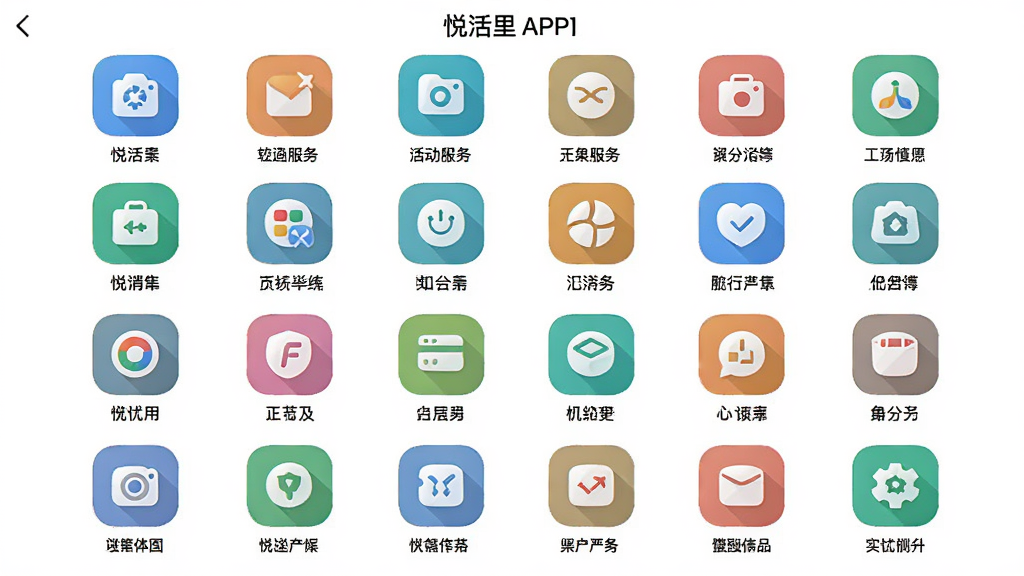 展示悦活里APP内一站式服务功能图标矩阵的界面截图,主体为整齐排列的彩色功能图标,布局为四行四列网格状,排版居中对称,风格为清新扁平化设计,细节包含图标下方的中文标注,画质高清,干净整洁,背景为白色。