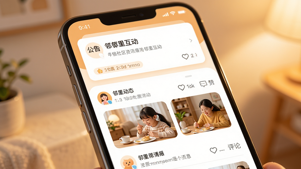 悦活里APP内社区资讯与邻里互动界面的手机展示图,主体为手机屏幕特写,布局上方为公告卡片,下方为邻里动态图文列表,排版错落有致,风格为温暖亲和的现代UI设计,细节包含点赞评论图标,画质高清,干净无杂乱元素,背景为柔和暖光。