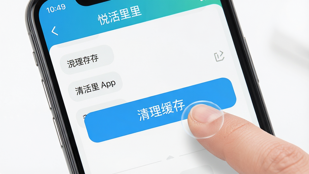 一张展示手机清理缓存步骤的示意图,主体为手机屏幕显示悦活里APP的设置界面,布局突出“清理缓存”按钮,排版简洁,风格为写实UI风格,细节包含手指点击动作,画质高清,干净无多余装饰。